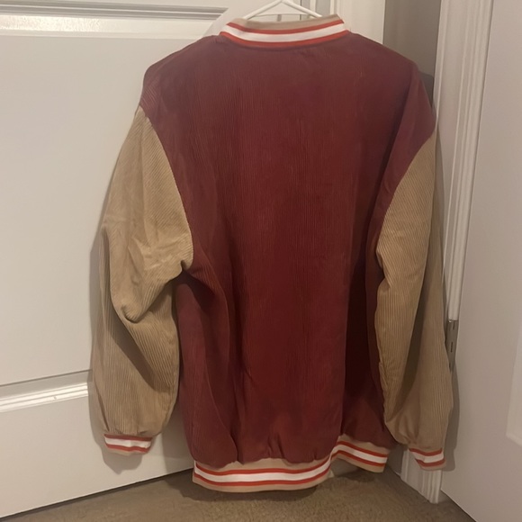 red and tan bomber jacket with patches - Picture 3 of 5